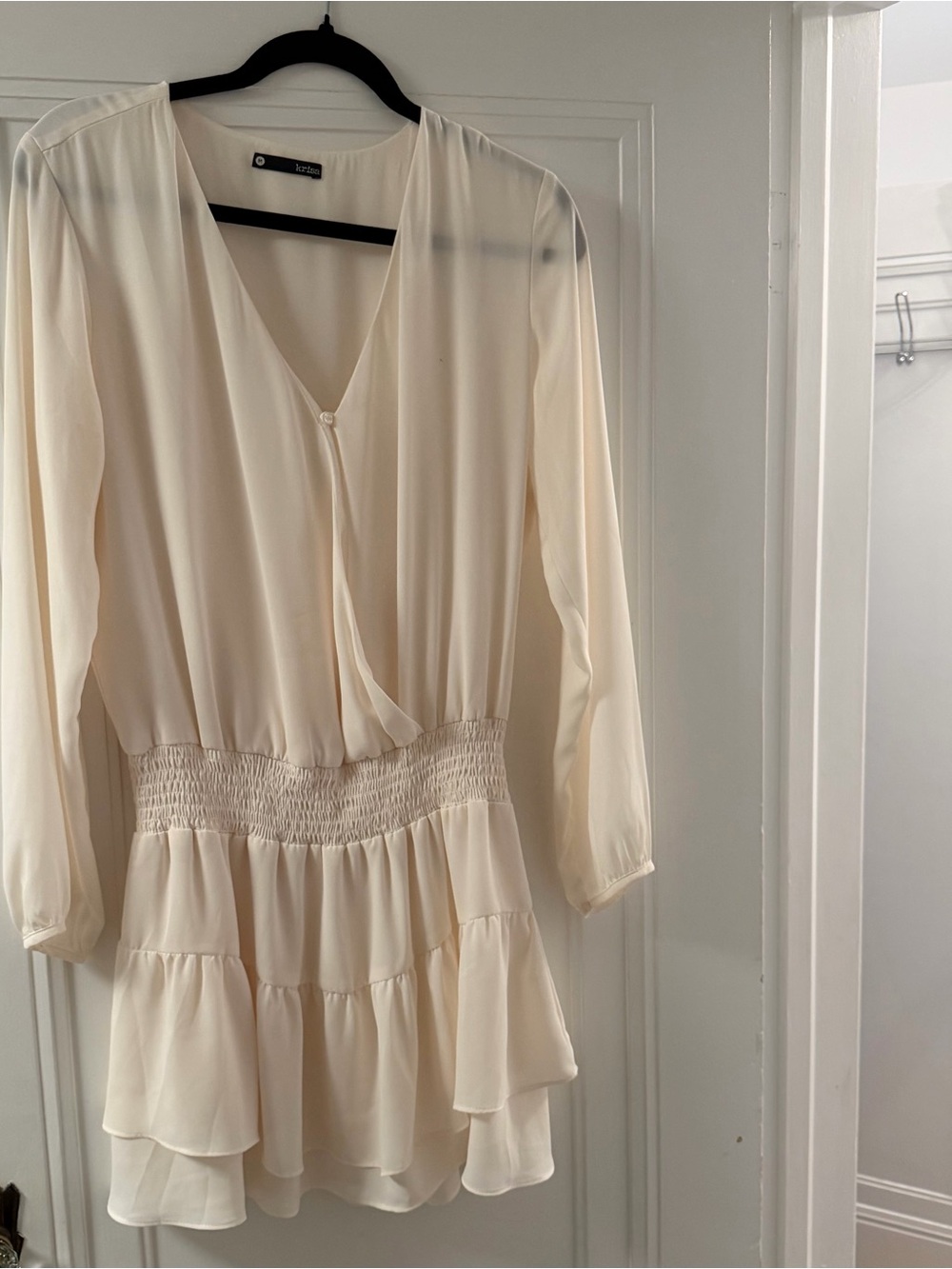 Cream Long-Sleeve Tiered V-Neck Dress